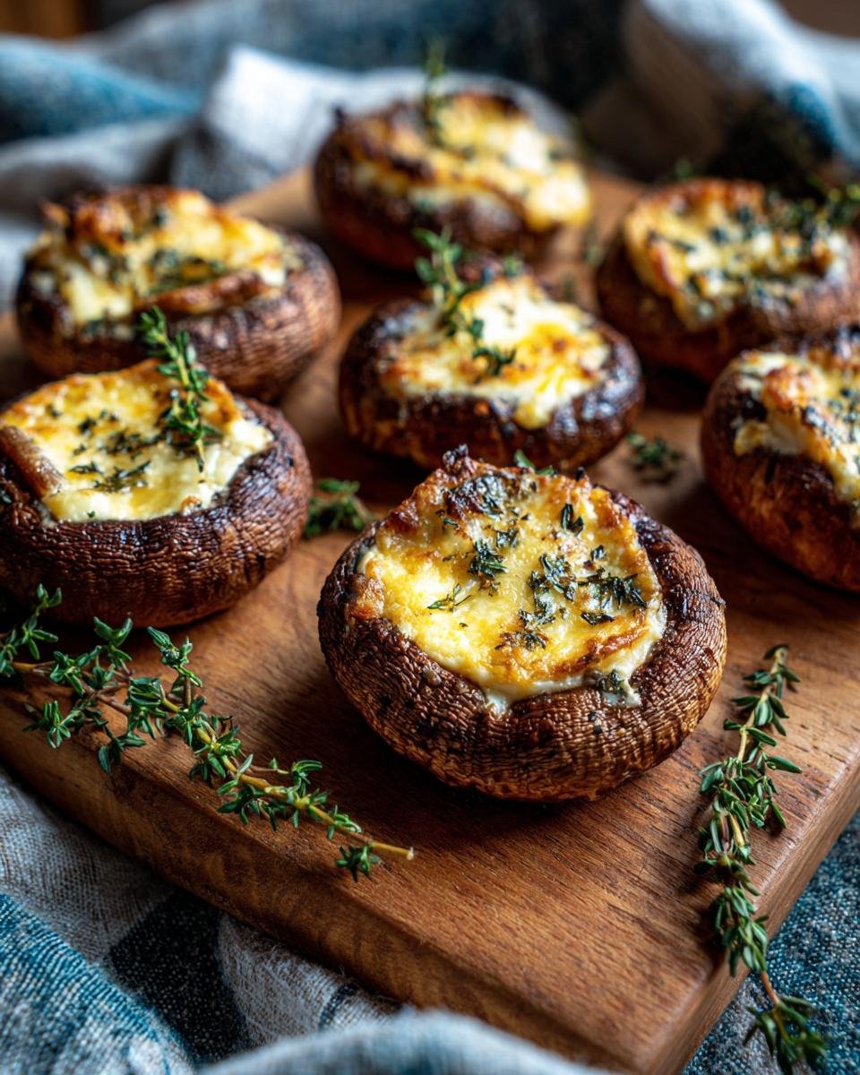 Delicious Gebratene Pilze mit Camembert & Thymian on a wooden board, ready to eat.