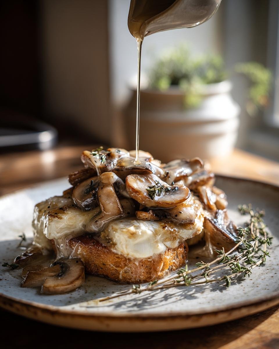 Gebratene Pilze mit Camembert & Thymian: A delicious dish with mushrooms, camembert, and thyme on toast, sauce being poured.