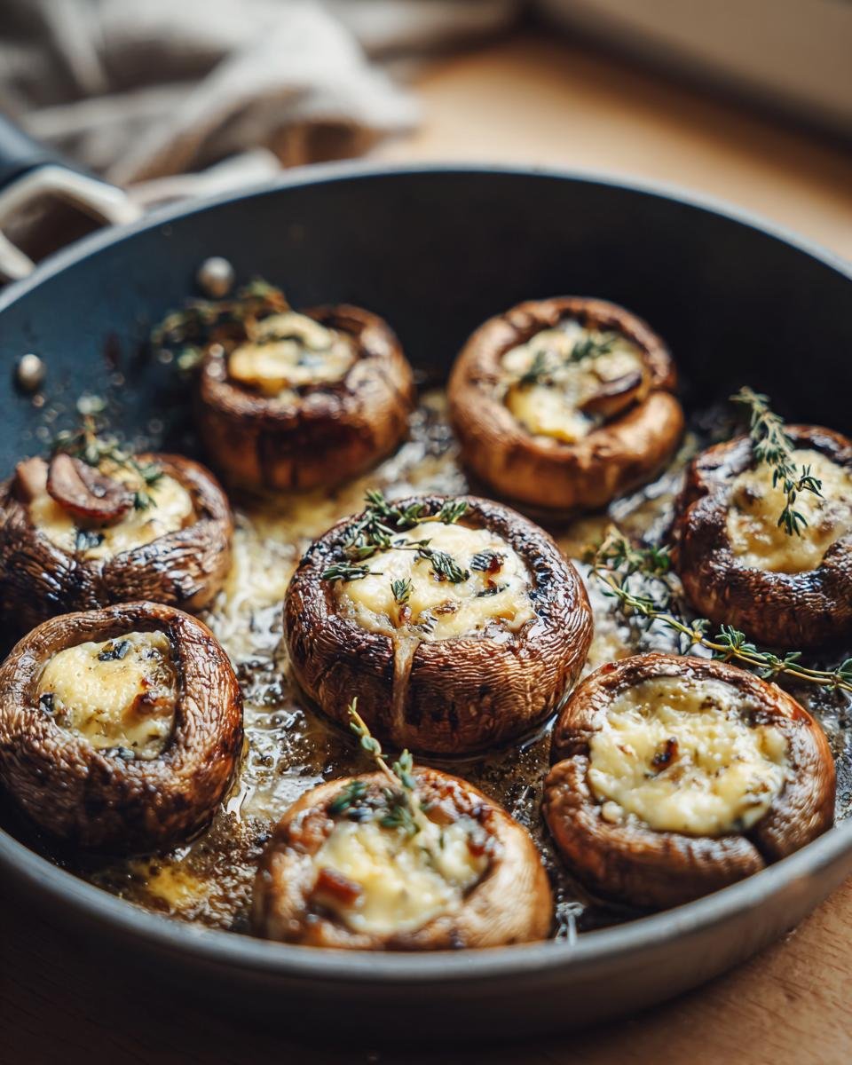 Gebratene Pilze mit Camembert & Thymian in einer Pfanne, bereit zum Servieren. Einfaches & schnelles Gericht.