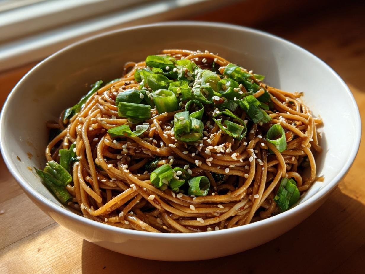 Gebratene Soba Nudeln mit Sesam, serviert in einer Schüssel, garniert mit Frühlingszwiebeln und Sesamsamen.