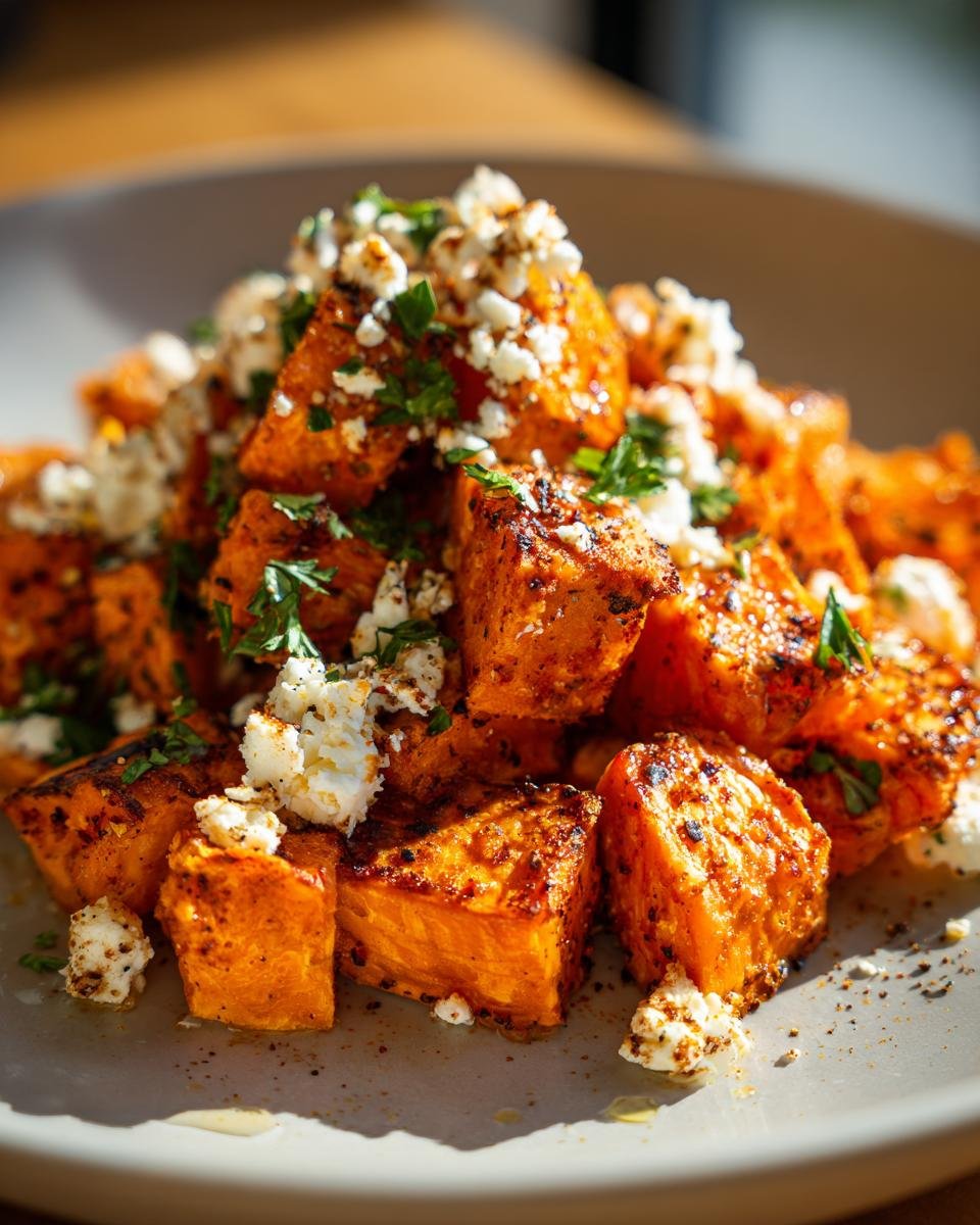 Gebratene Süßkartoffeln mit Ziegenkäse, garniert mit Petersilie auf einem Teller.