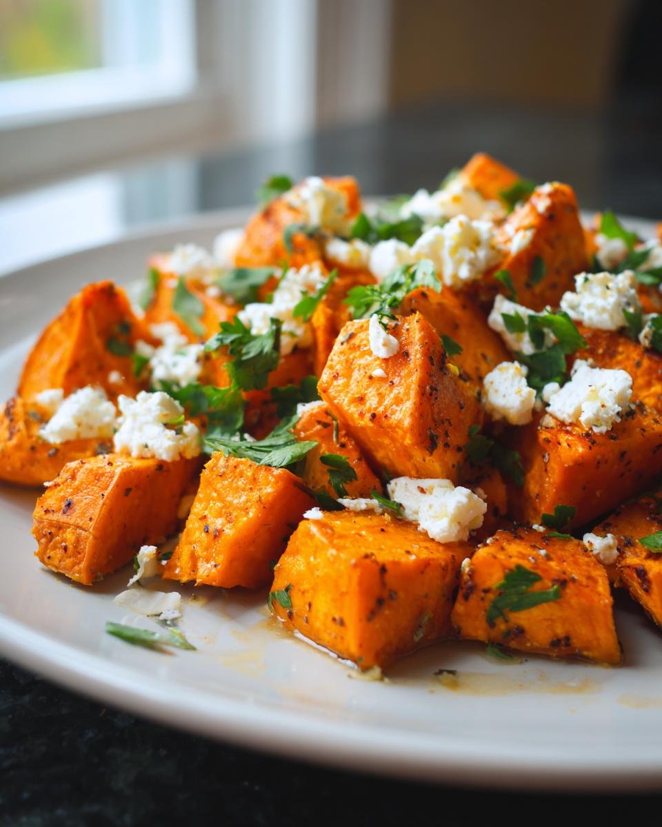 Close-up of Gebratene Süßkartoffeln mit Ziegenkäse, garnished with parsley, on a white plate.