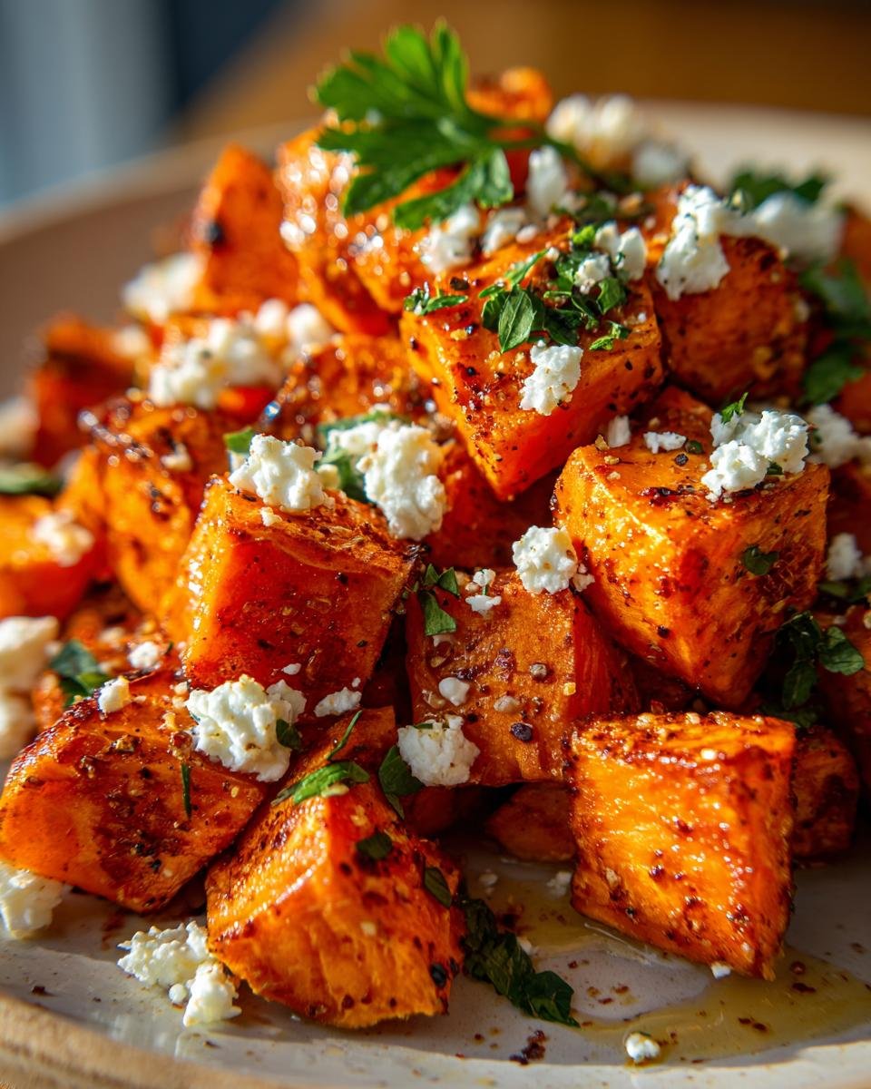 Close-up of Gebratene Süßkartoffeln mit Ziegenkäse, showing roasted sweet potato cubes topped with goat cheese and herbs.