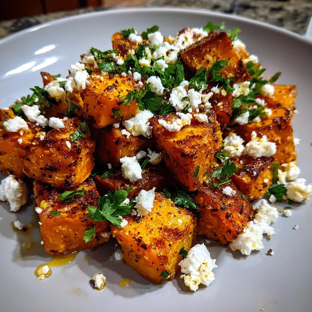 Close-up of Gebratene Süßkartoffeln mit Ziegenkäse, featuring roasted sweet potatoes, goat cheese, and parsley.