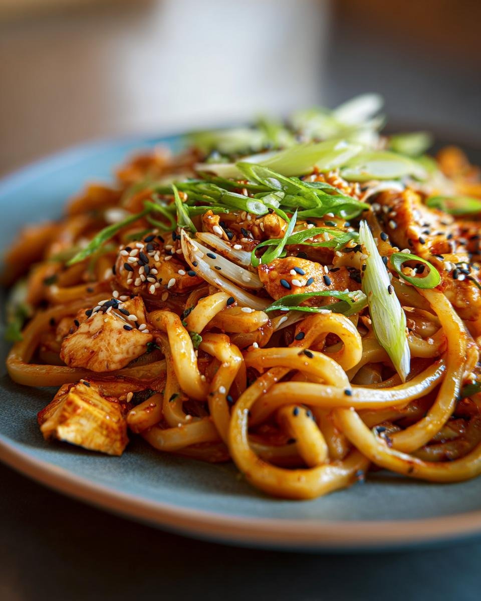 Nahaufnahme von Gebratene Udon Nudeln mit Huhn, garniert mit Frühlingszwiebeln und Sesam.