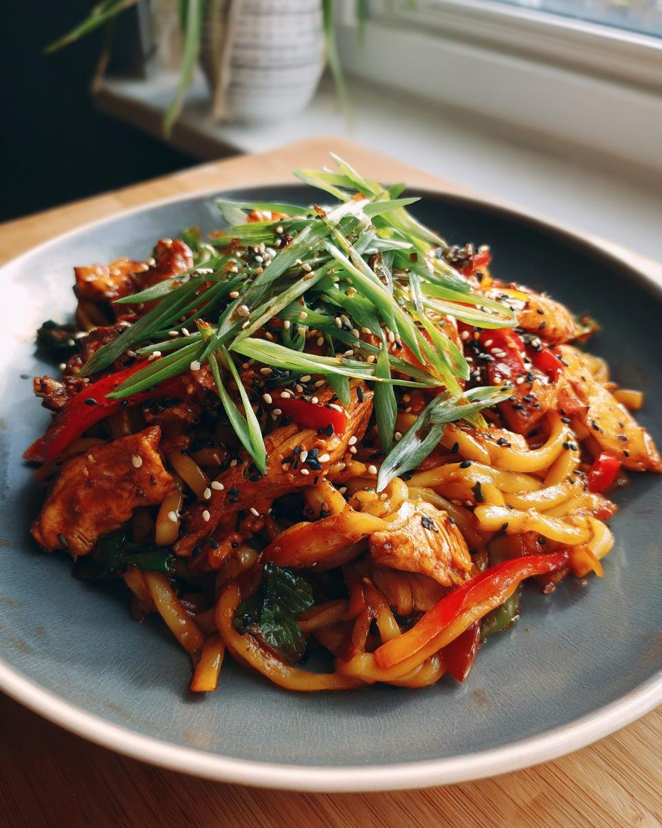 Gebratene Udon Nudeln mit Huhn, Paprika und Frühlingszwiebeln auf einem Teller serviert.