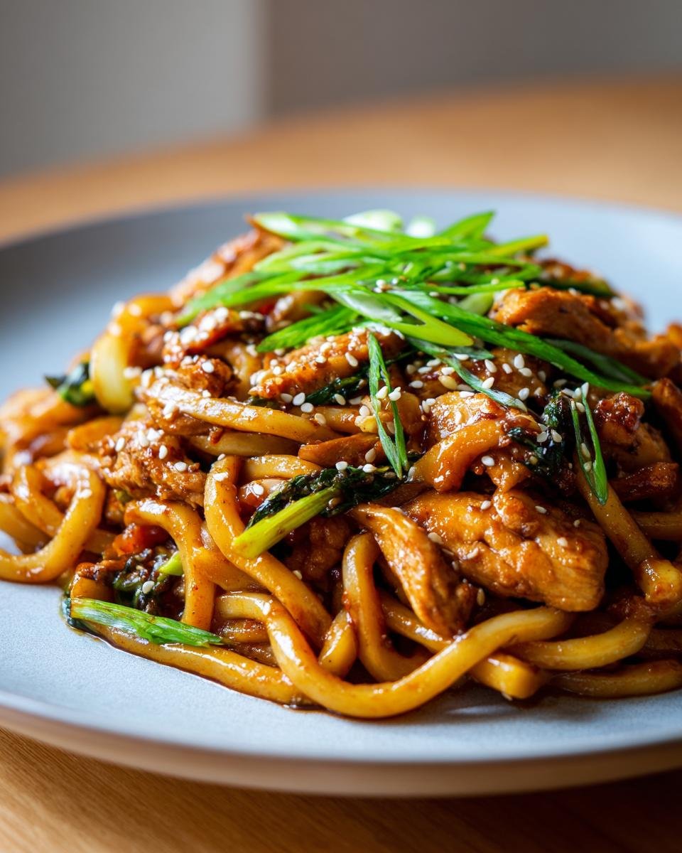 Gebratene Udon Nudeln mit Huhn, garniert mit Frühlingszwiebeln und Sesam auf einem Teller.