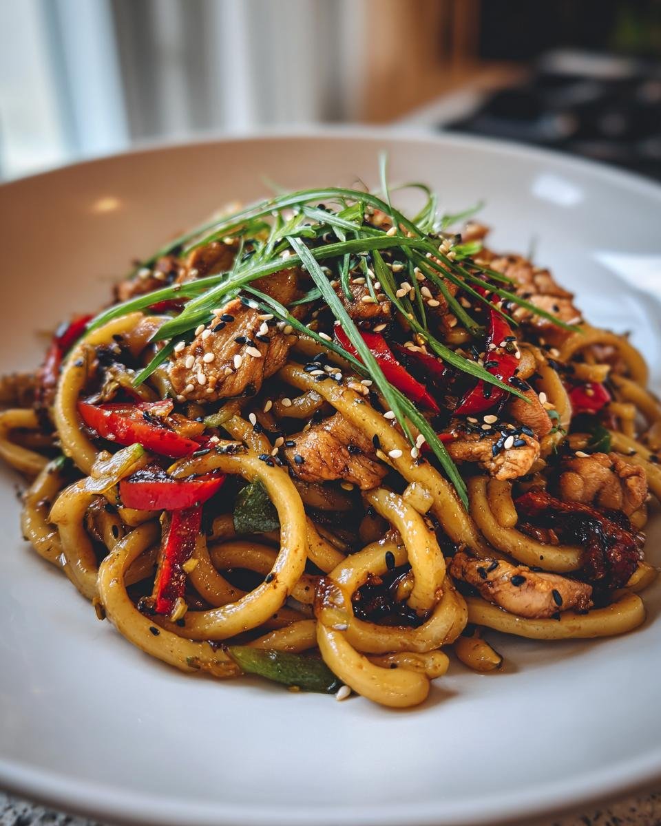 Nahaufnahme von Gebratene Udon Nudeln mit Huhn, Paprika und Sesam auf einem weißen Teller.