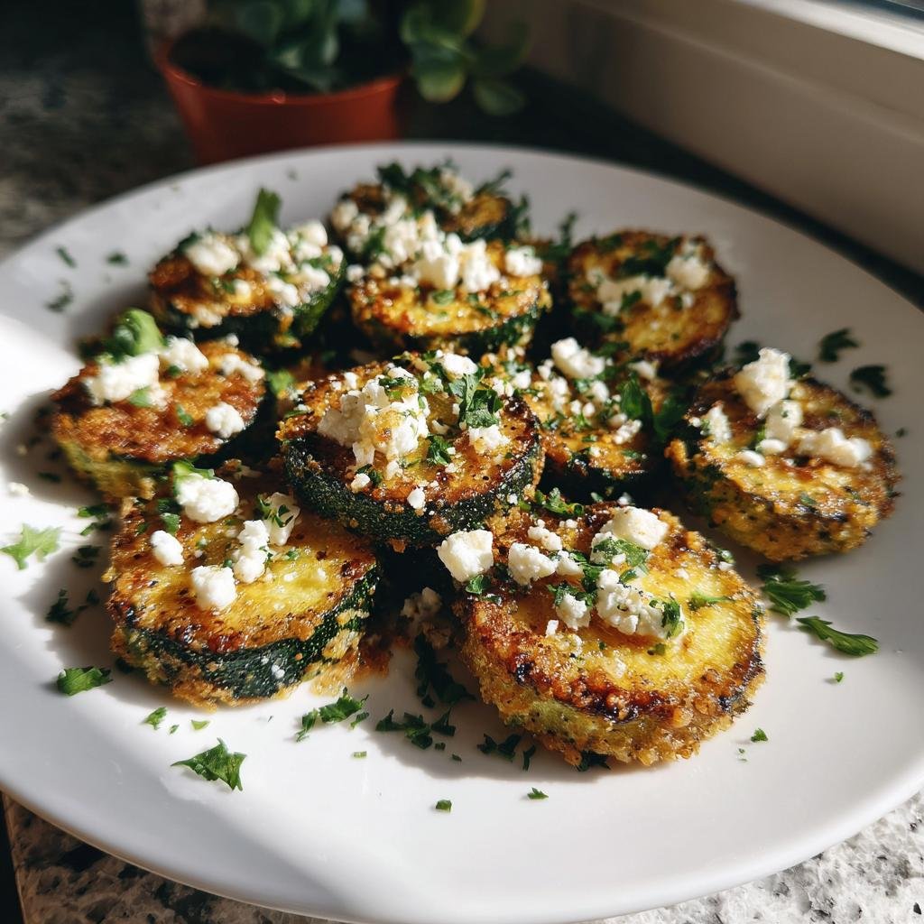 Delicious Gebratene Zucchini mit Feta, a quick vegetarian dish, served on a white plate and garnished with parsley.
