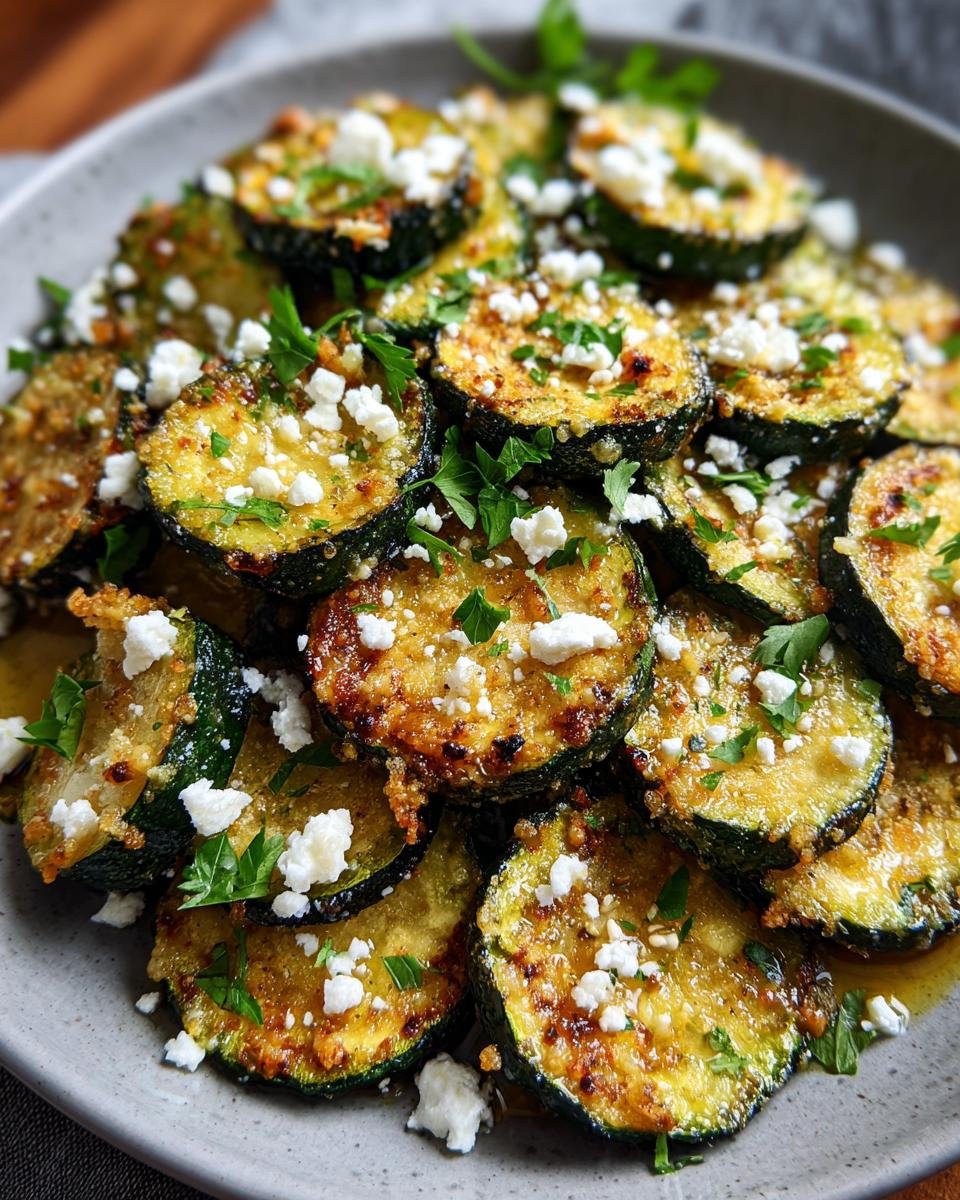 Teller mit Gebratene Zucchini mit Feta, garniert mit Petersilie, ein schnelles und vegetarisches Gericht.