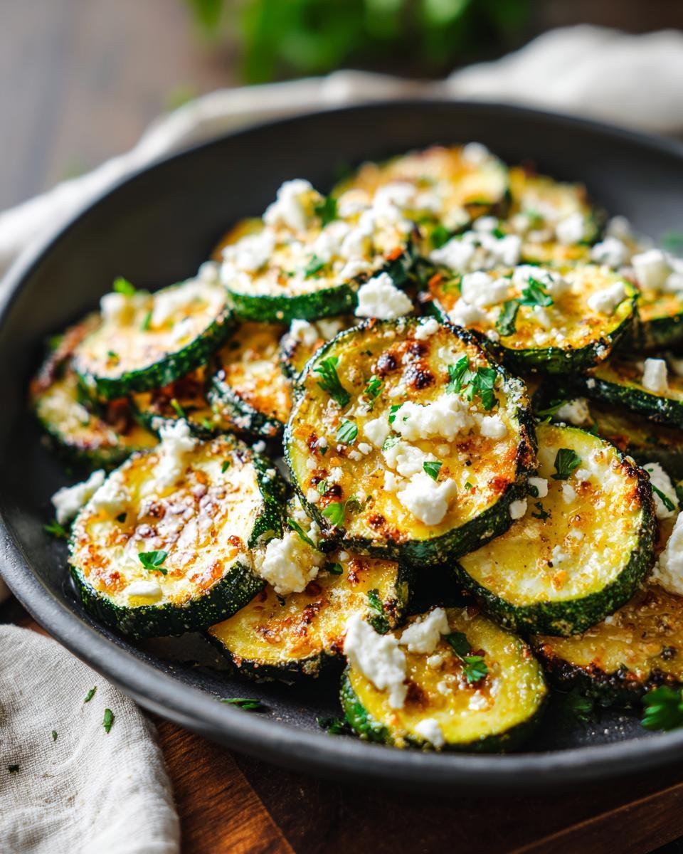 Close-up of Gebratene Zucchini mit Feta, showing golden-brown zucchini slices topped with feta cheese and herbs.
