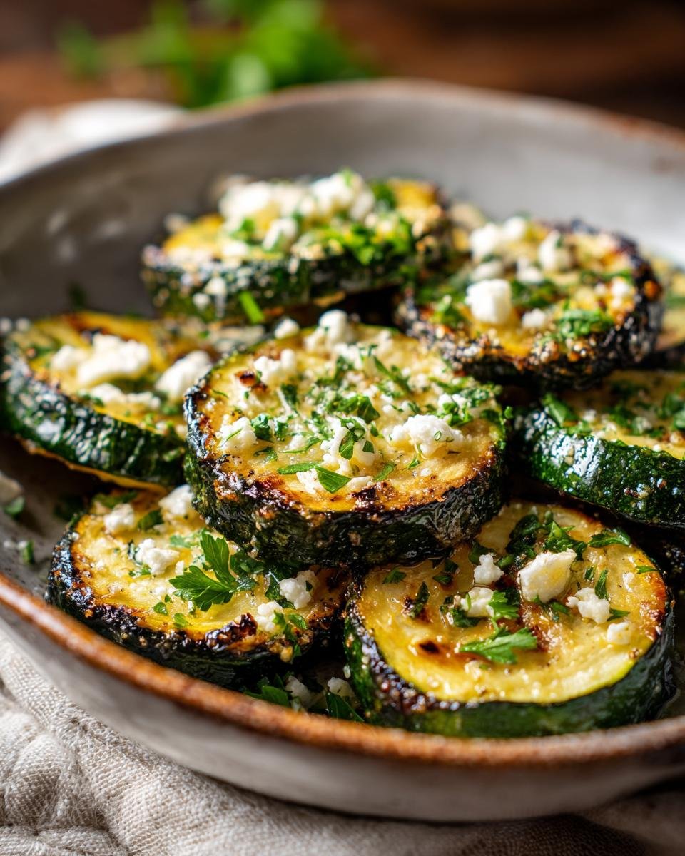 Close-up of Gebratene Zucchini mit Feta, showing golden-brown zucchini slices topped with feta cheese and herbs.