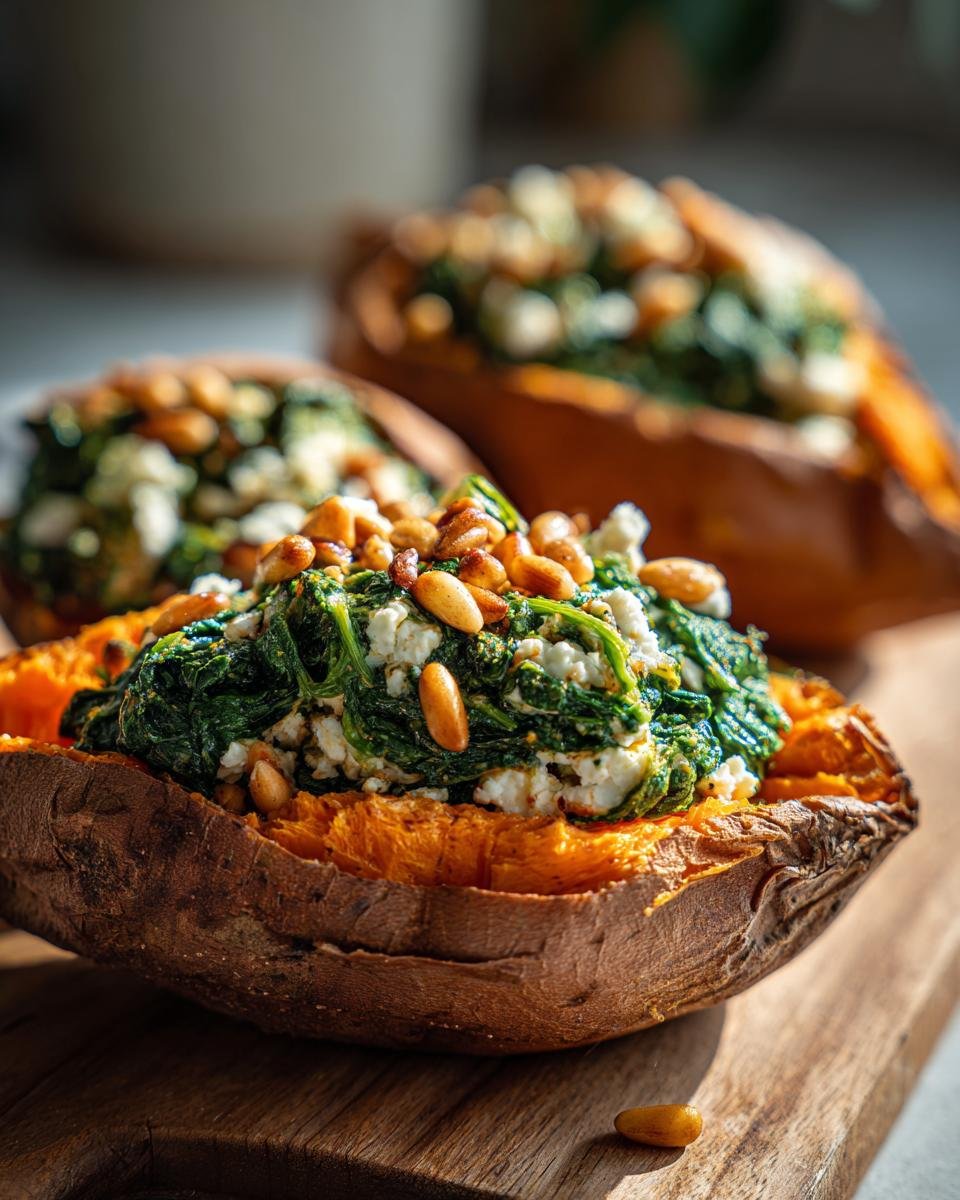 Close-up of Gefüllte Süßkartoffeln mit Spinat, topped with pine nuts, on a wooden board.