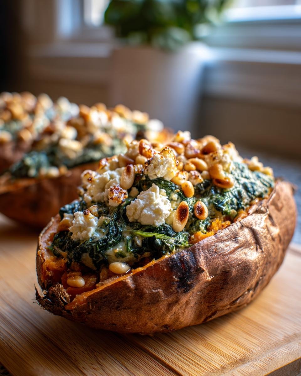 Nahaufnahme von Gefüllte Süßkartoffeln mit Spinat, Feta und Pinienkernen auf einem Holzbrett.