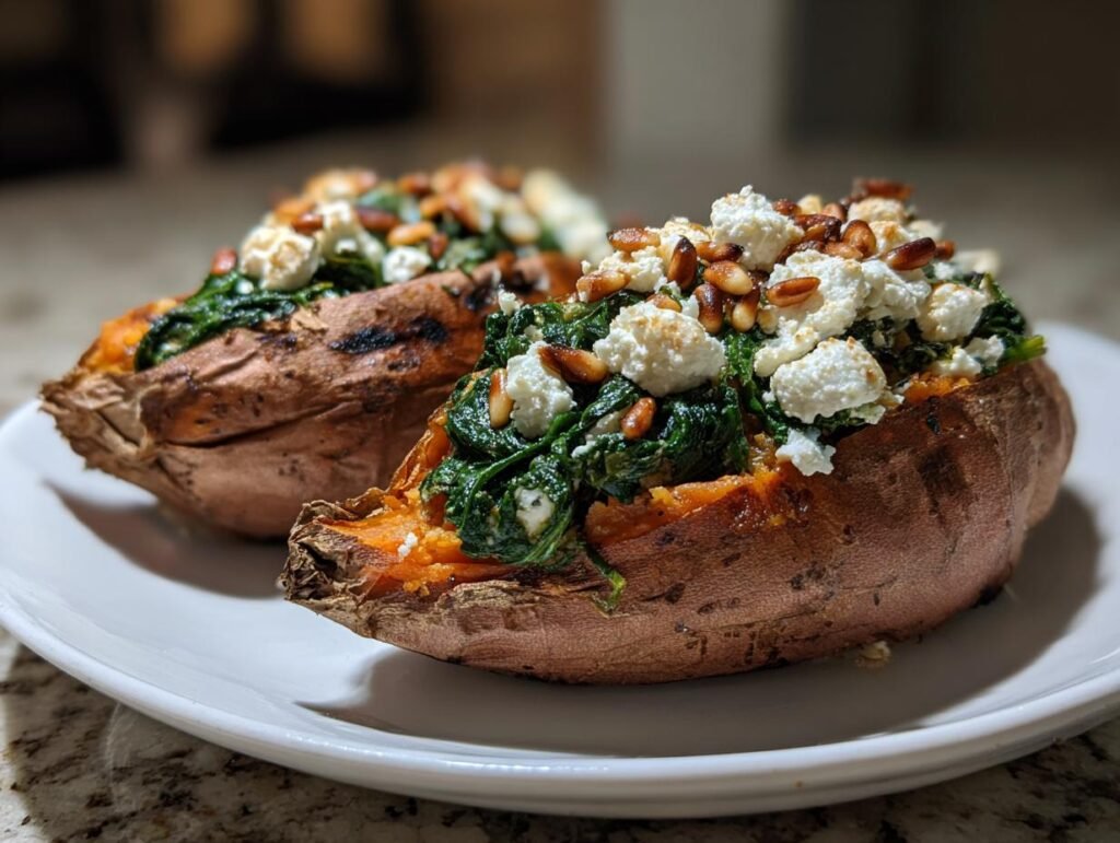 Two Gefüllte Süßkartoffeln mit Spinat, feta cheese, and pine nuts on a white plate.