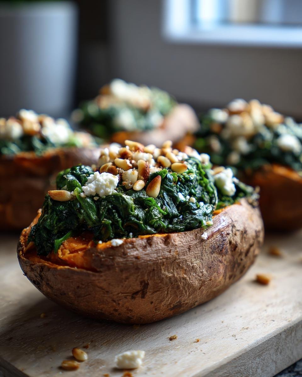 Gefüllte Süßkartoffeln mit Spinat, Feta und Pinienkernen auf einem Holzbrett.