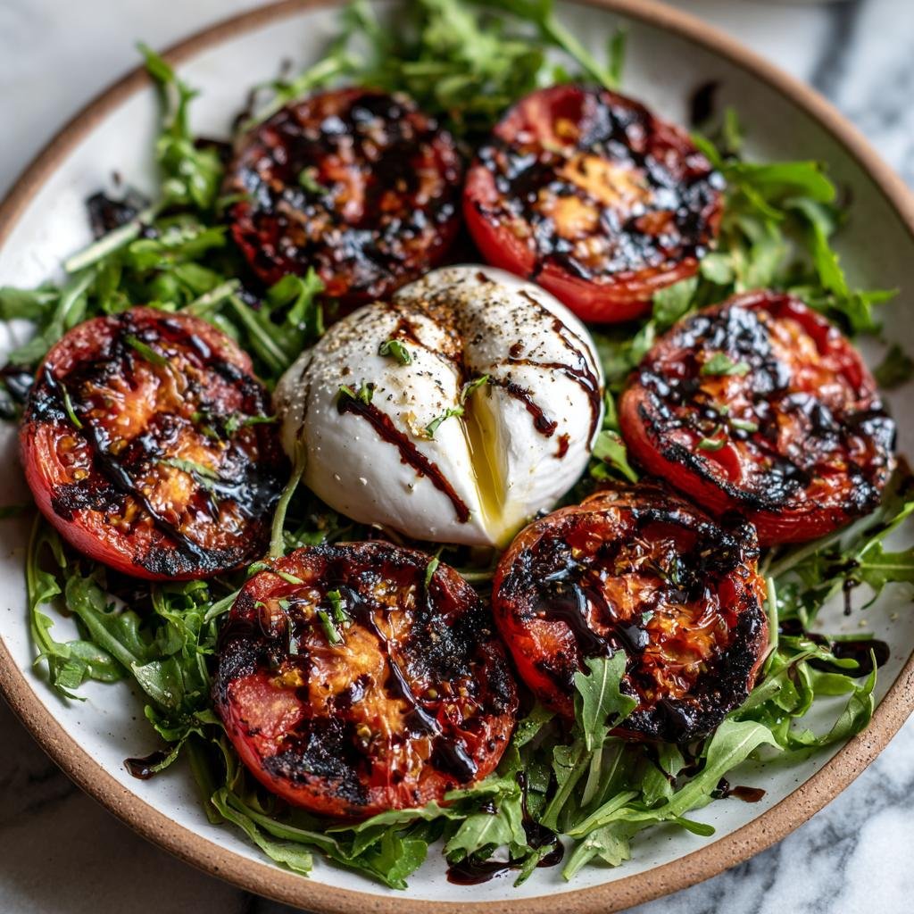 Gegrillte Tomaten mit Burrata & Rucola, drizzled with balsamic glaze, served on a bed of arugula.