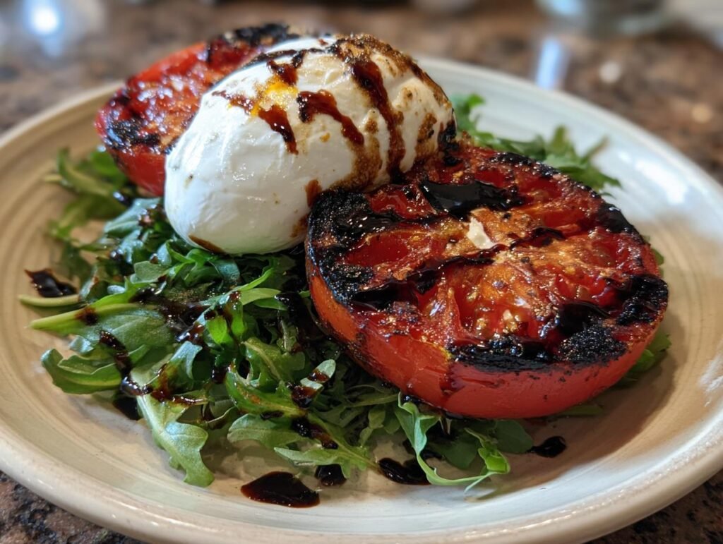 Close-up of Gegrillte Tomaten mit Burrata & Rucola, featuring grilled tomatoes, burrata cheese, and arugula.