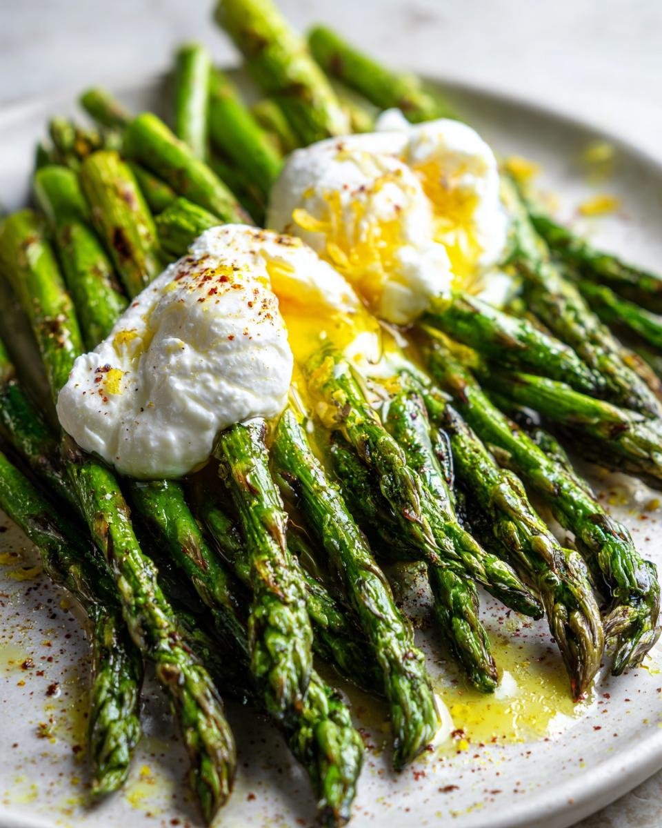 Gegrillter Spargel mit Burrata & Zitronenöl, serviert auf einem Teller. Köstliche und einfache Zubereitung.