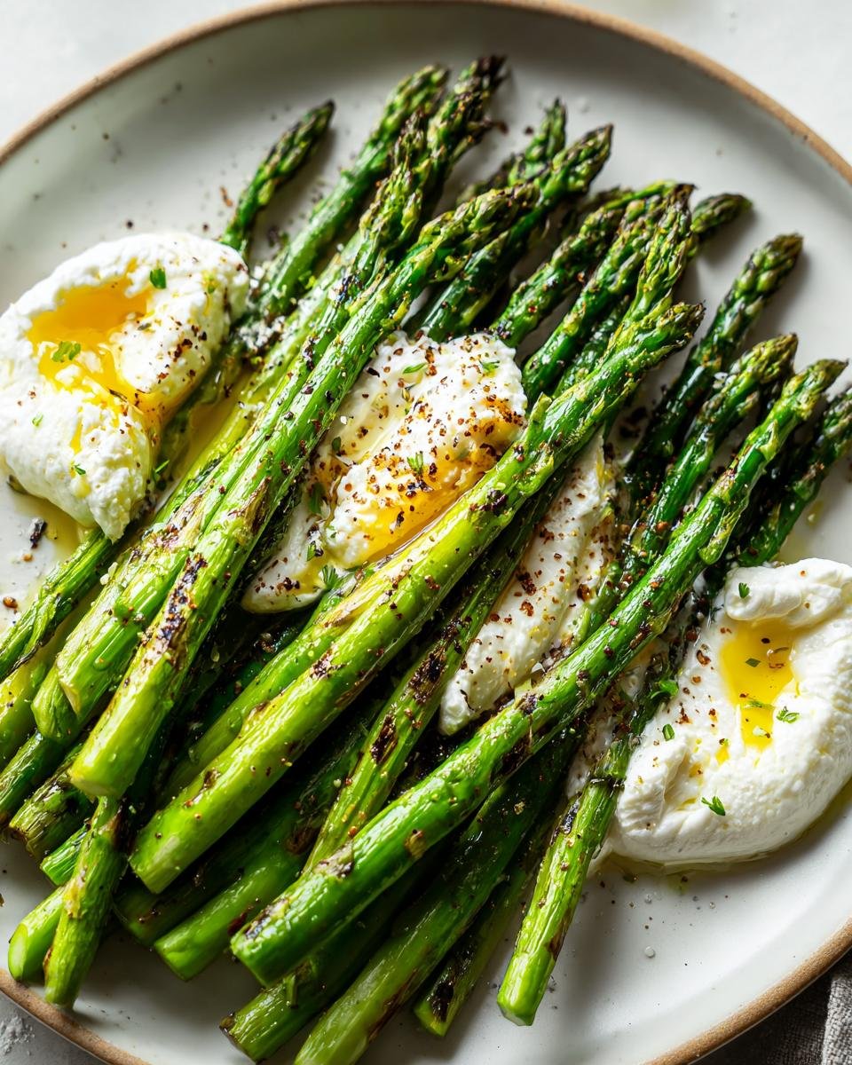 Gegrillter Spargel mit Burrata & Zitronenöl, serviert auf einem Teller. Köstliche und einfache Zubereitung.