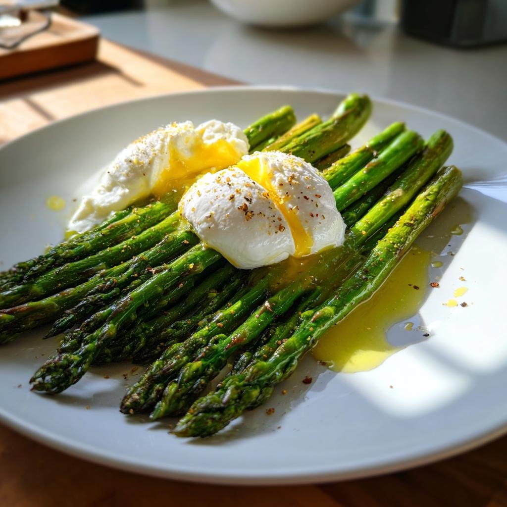Gegrillter Spargel mit Burrata, beträufelt mit Zitronenöl, serviert auf einem weißen Teller.
