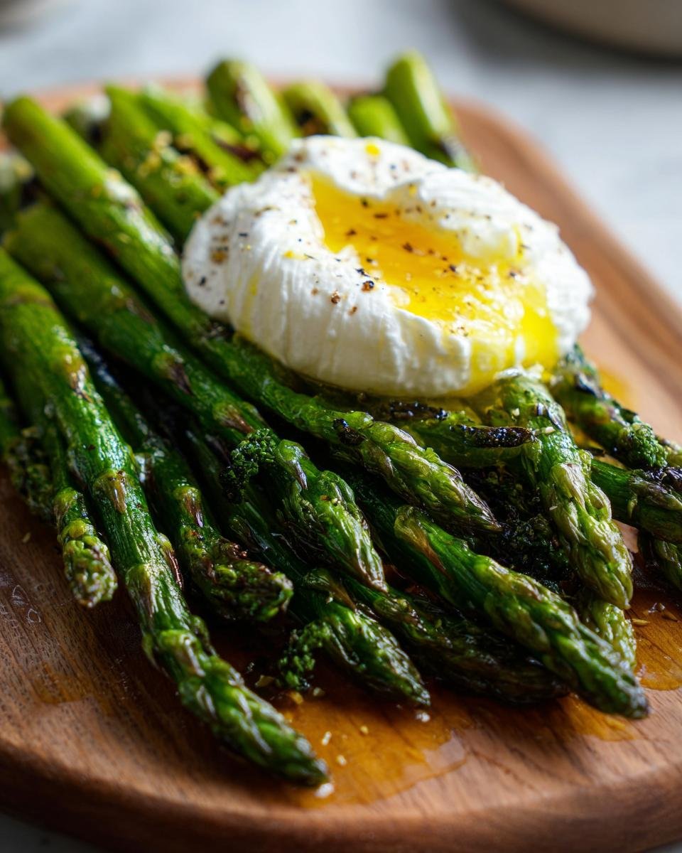 Gegrillter Spargel mit Burrata & Zitronenöl, served on a wooden board. The burrata is drizzled with oil.