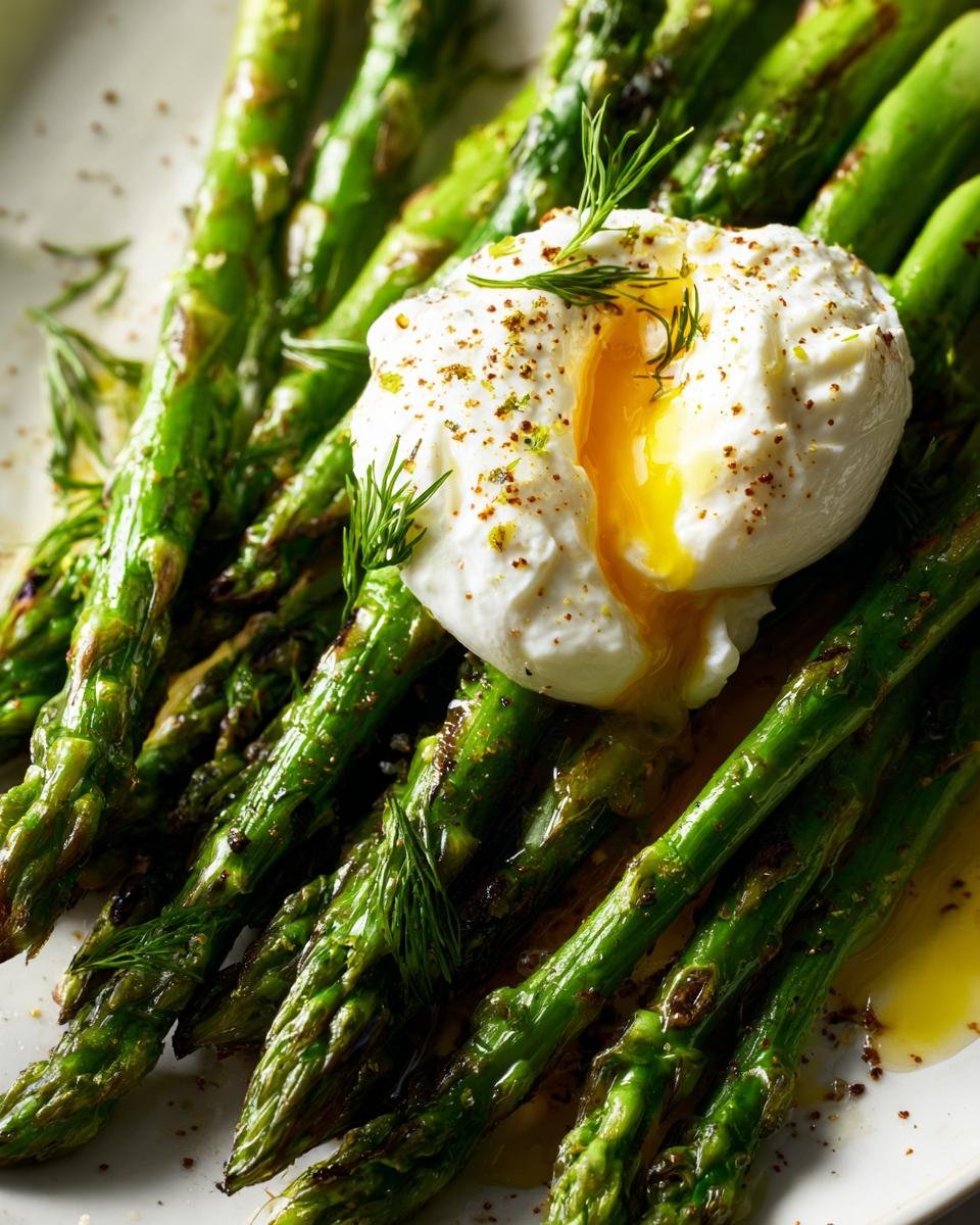 Gegrillter Spargel mit Burrata & Zitronenöl, garnished with dill, on a white plate. Yolk is oozing from the burrata.