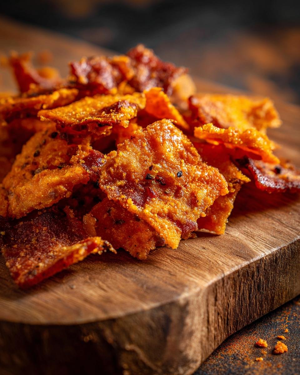 Nahaufnahme von Geniale Käse-Chips aus Cheddar auf einem Holzbrett, die knusprige Textur zeigend.