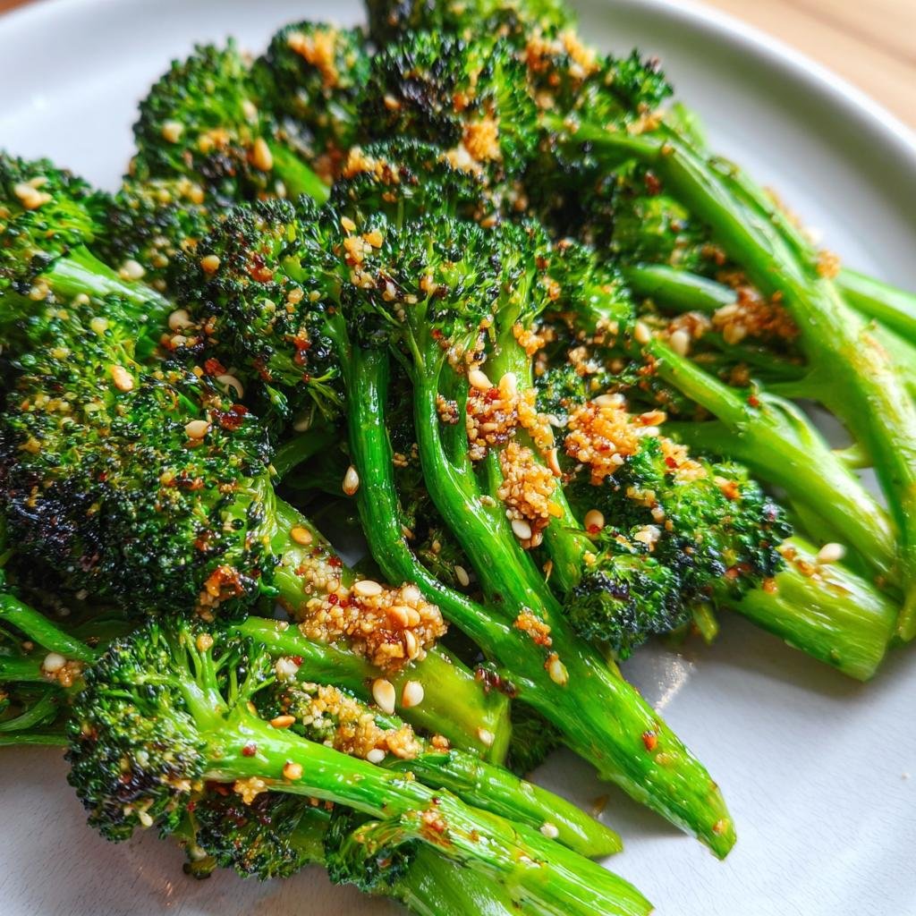 Close-up of Gerösteter Brokkoli mit Sesam und Knoblauch, showing roasted broccoli florets with sesame seeds and garlic.