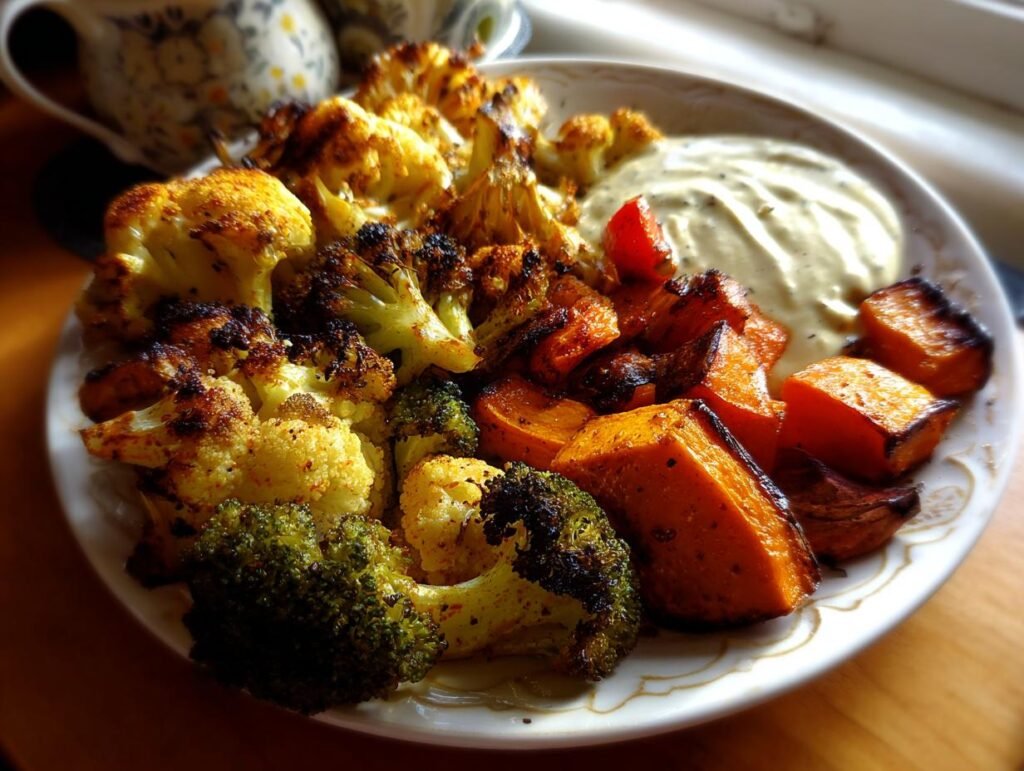 Teller mit Geröstetes Gemüse mit Tahini-Joghurt-Sauce, bestehend aus Blumenkohl, Brokkoli und Süßkartoffeln.