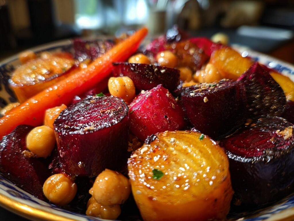 Close-up of Geröstete Rote Bete mit Knoblauch & Kichererbsen, featuring roasted beets, carrots, and chickpeas.