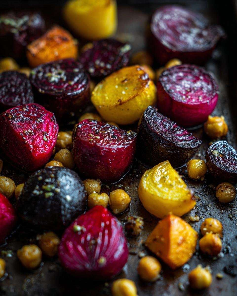 Colorful roasted Geröstete Rote Bete mit Knoblauch & Kichererbsen (beets with garlic & chickpeas) on a baking sheet.