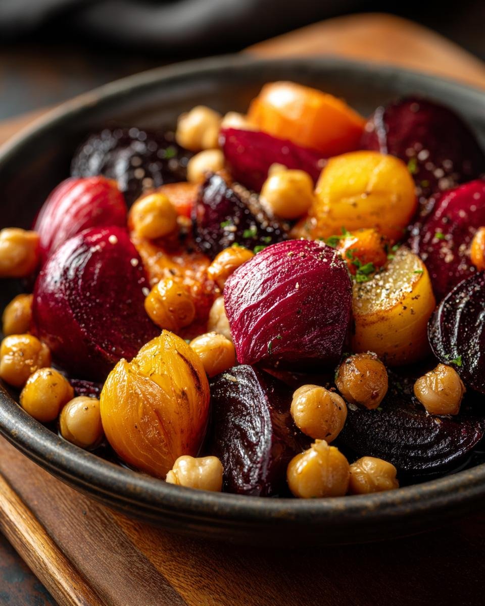 Close-up of Geröstete Rote Bete mit Knoblauch & Kichererbsen, featuring roasted beets, garlic, and chickpeas in a bowl.