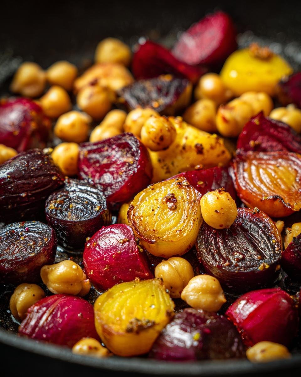 Close-up of Geröstete Rote Bete mit Knoblauch & Kichererbsen, showing roasted beets, garlic, and chickpeas.