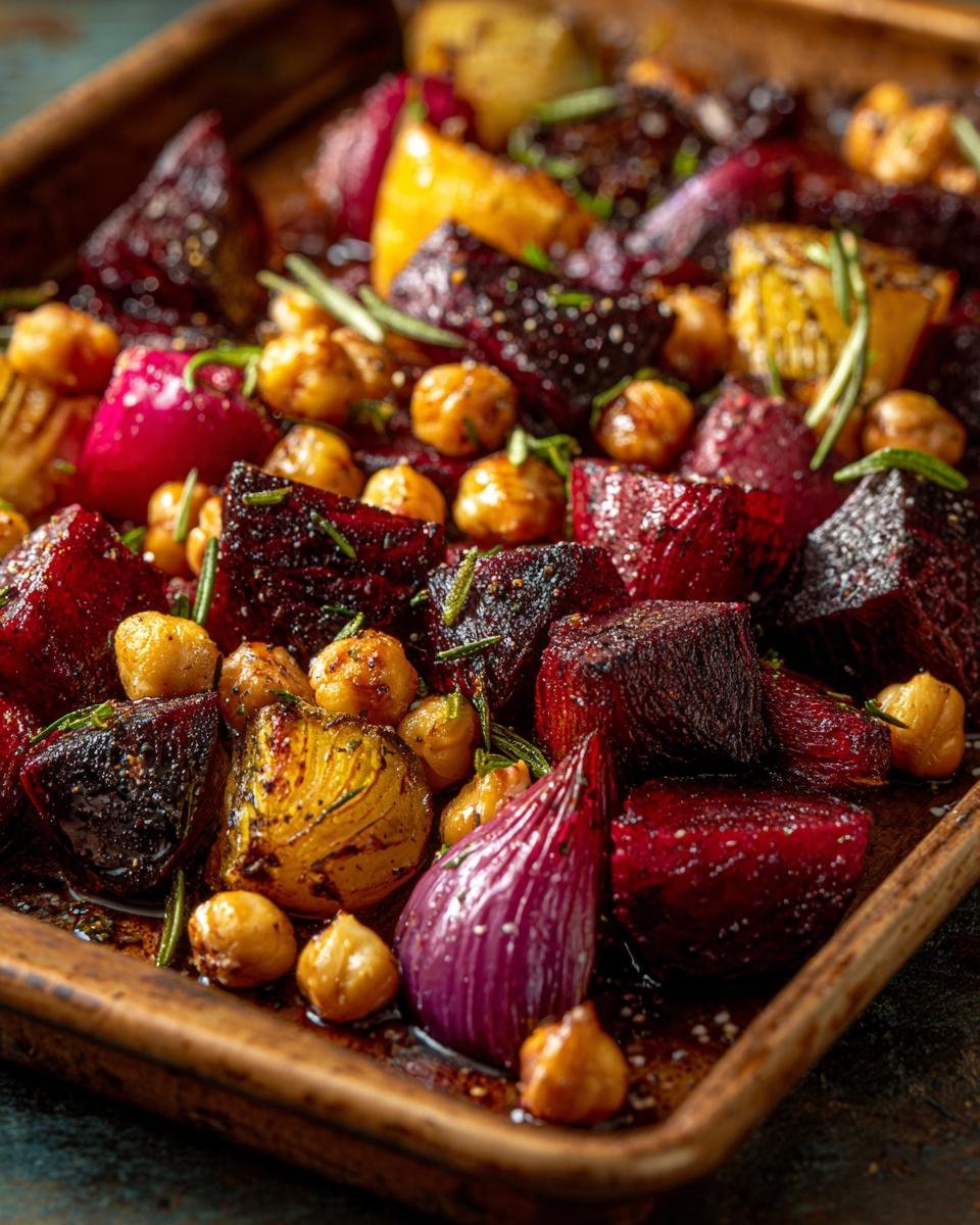 Geröstete Rote Bete mit Knoblauch & Kichererbsen, served on a tray with herbs and onions.