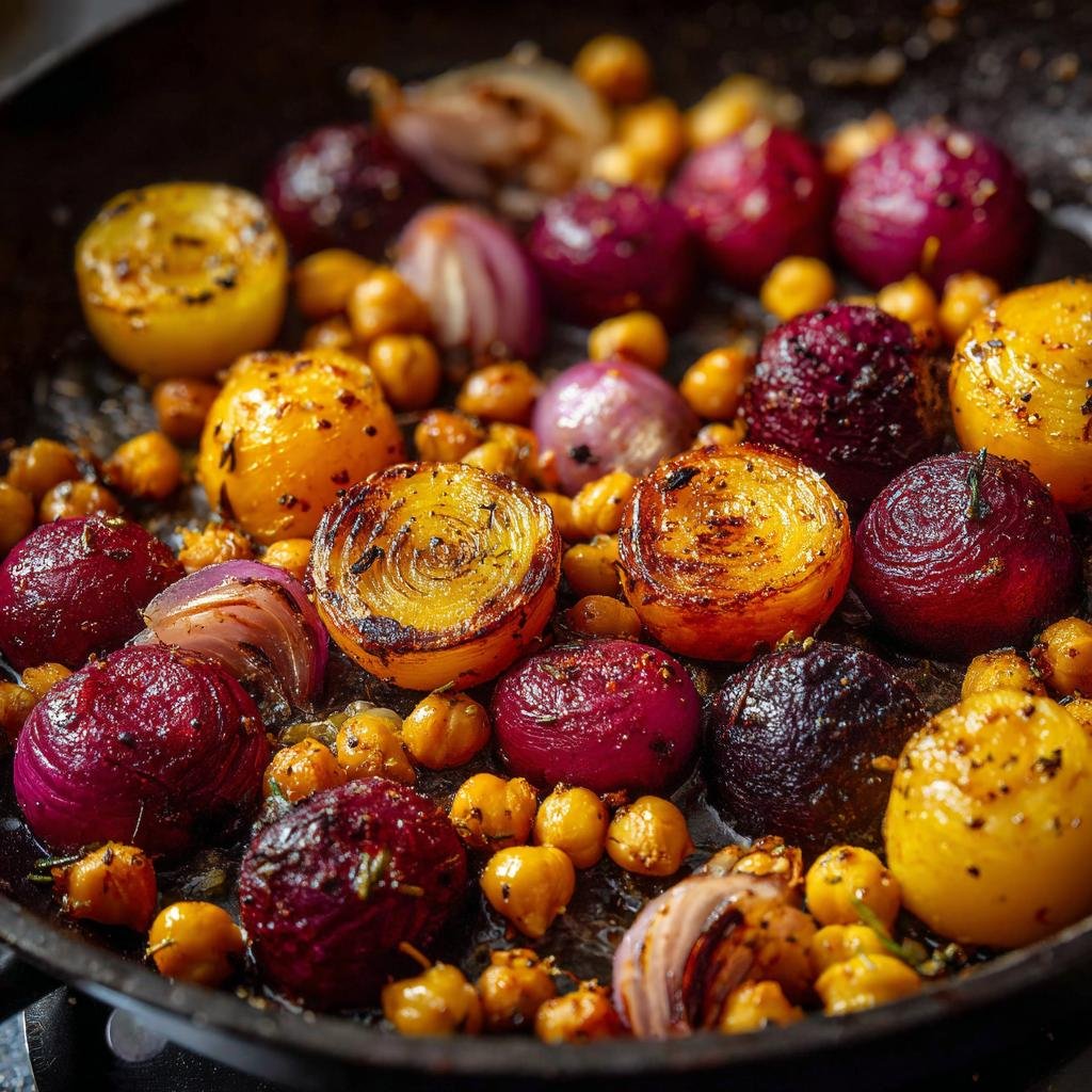Geröstete Rote Bete mit Knoblauch & Kichererbsen, served in a pan. Colorful and healthy dish.