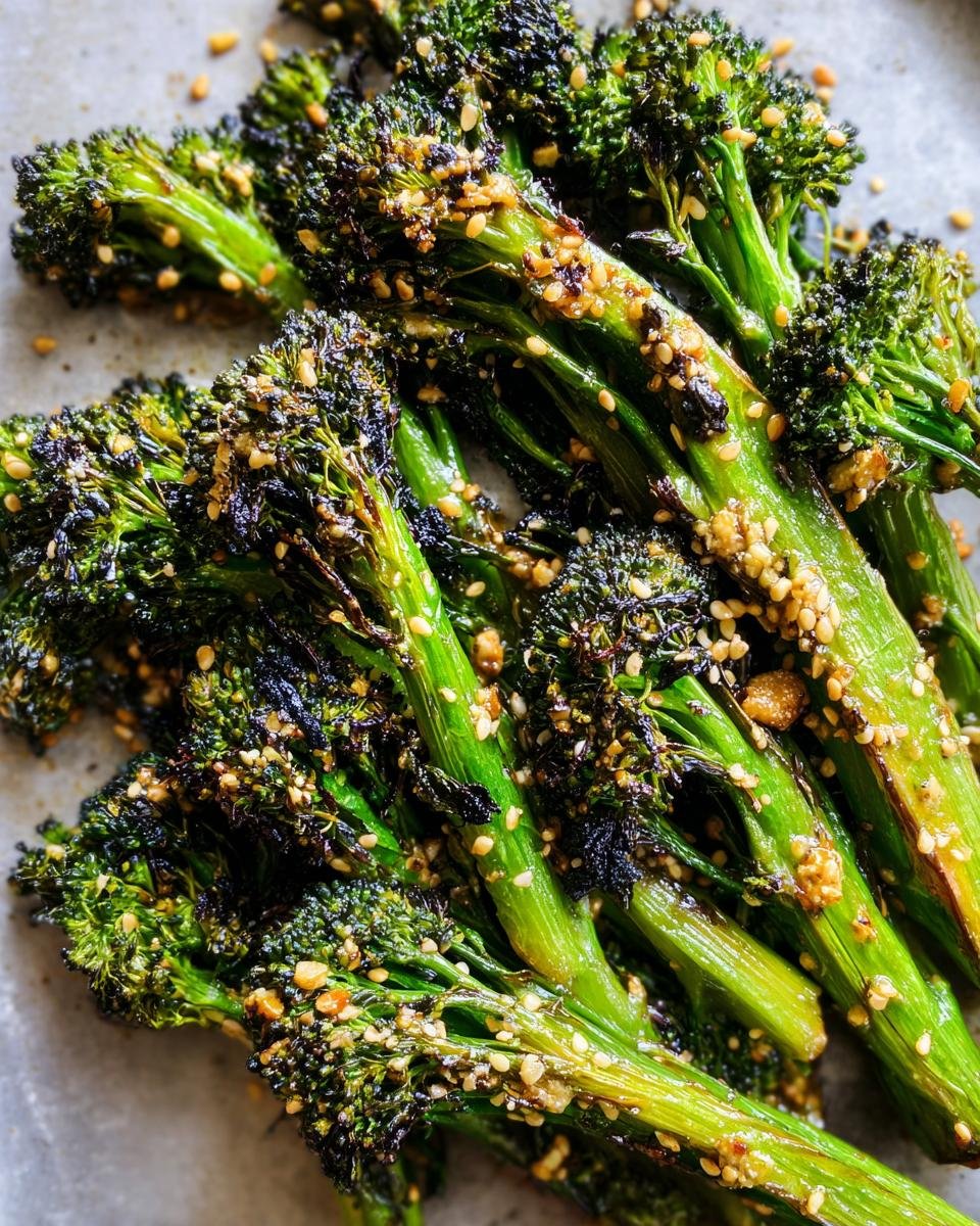 Close-up of Gerösteter Brokkoli mit Sesam und Knoblauch, showcasing the roasted texture and sesame seeds.