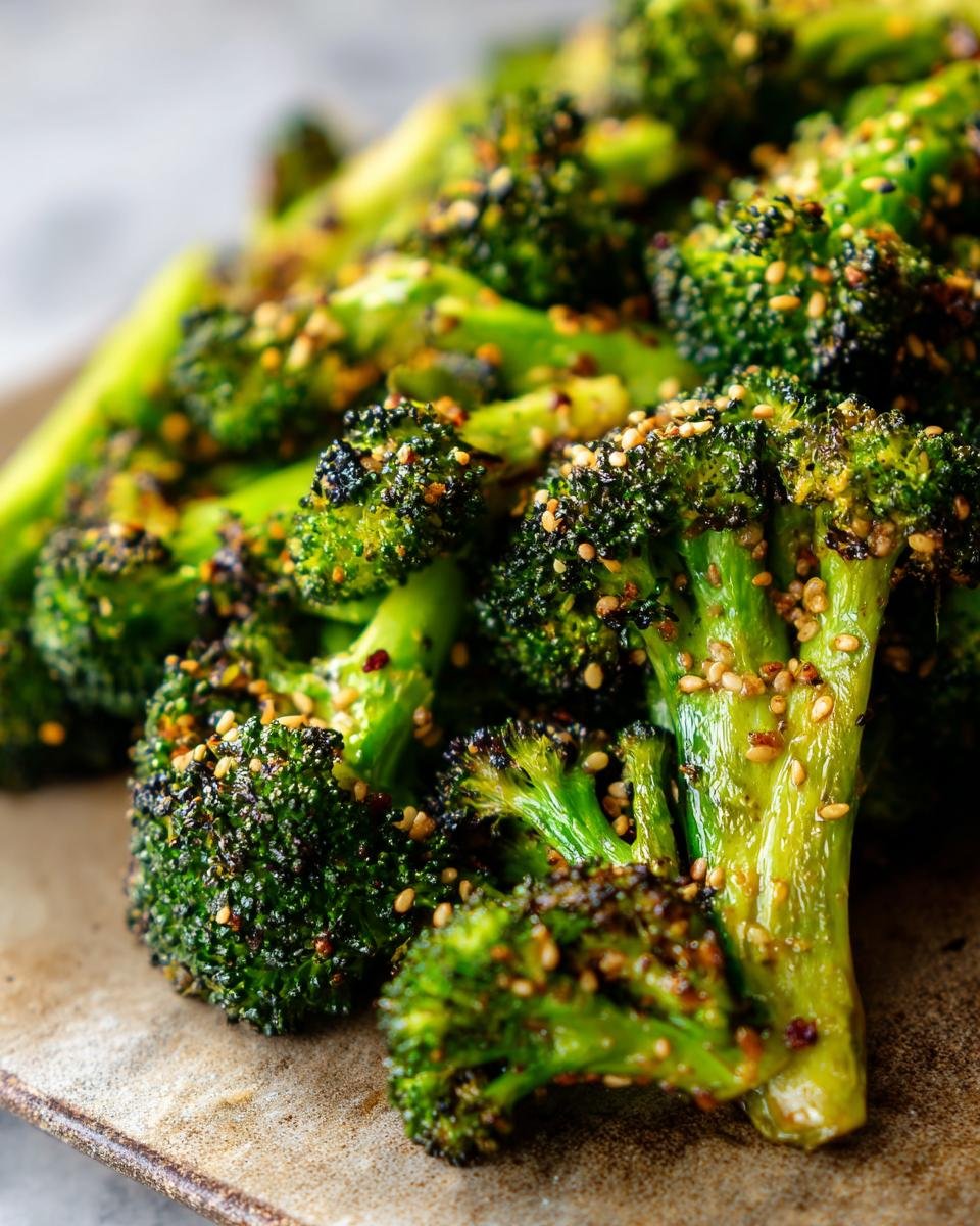 Nahaufnahme von Gerösteter Brokkoli mit Sesam und Knoblauch, serviert auf einem Teller.