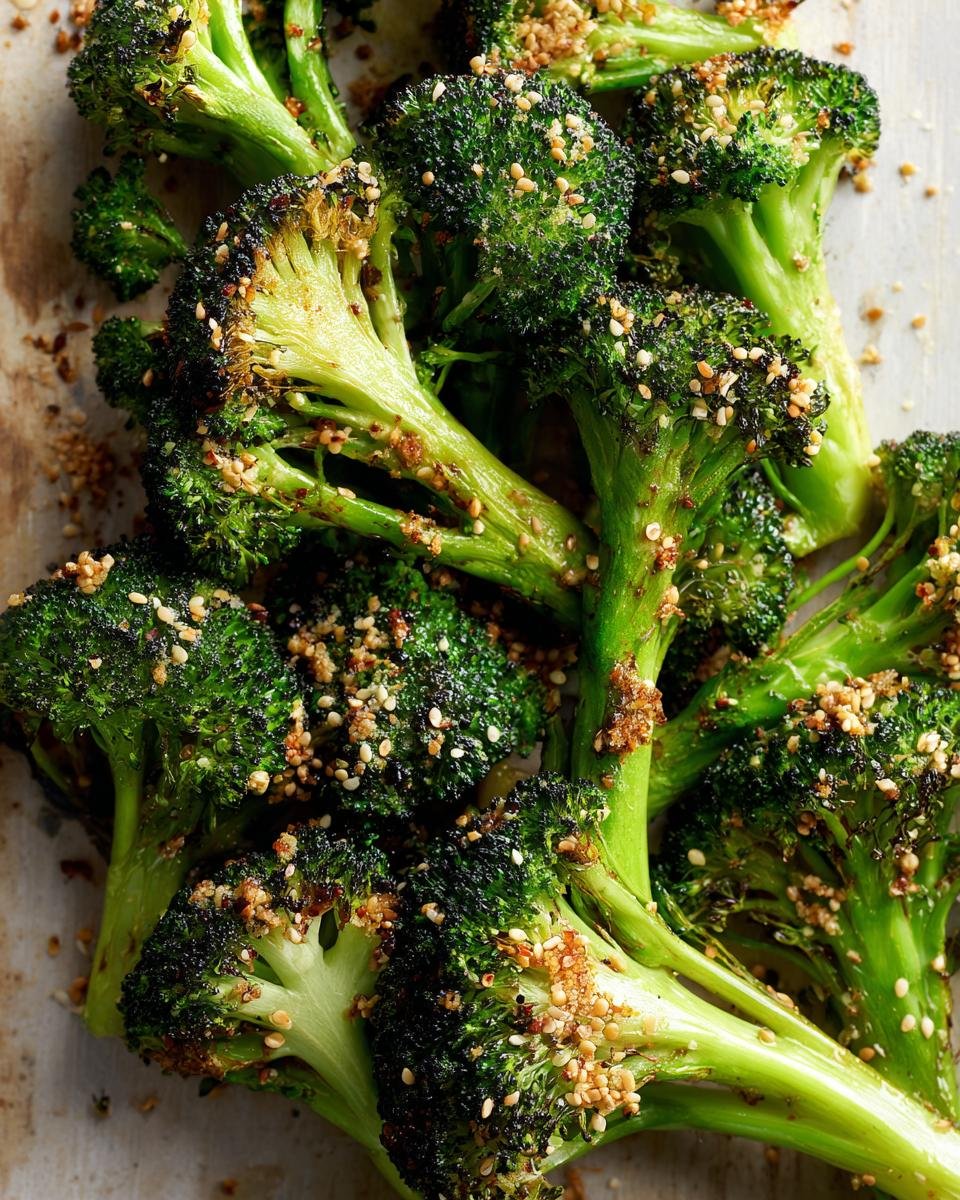 Close-up of Gerösteter Brokkoli mit Sesam und Knoblauch, showing roasted florets with sesame seeds and garlic.