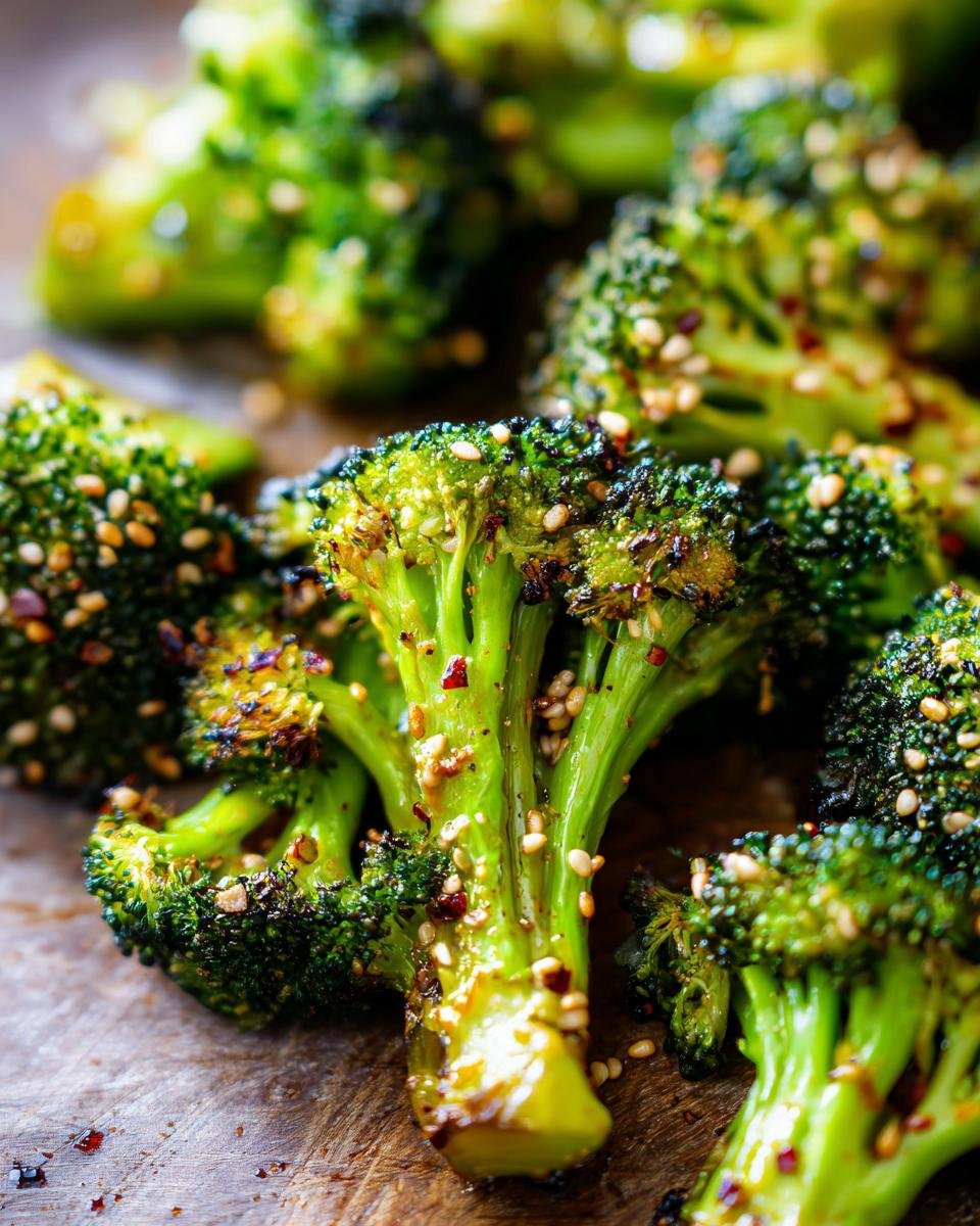 Close-up of Gerösteter Brokkoli mit Sesam und Knoblauch: Einfaches & Leckeres Rezept, showing roasted broccoli florets with sesame seeds.