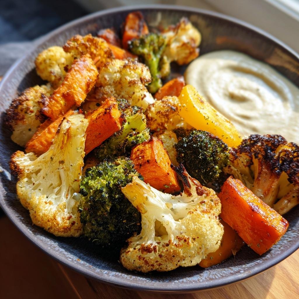 Roasted vegetables with tahini yogurt sauce in a bowl. Geröstetes Gemüse mit Tahini-Joghurt-Sauce: Einfach & Lecker