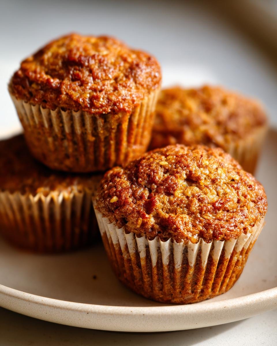 Close-up of Gesunde Bananen-Hafer-Muffins stacked on a plate, showcasing their texture and golden-brown color.