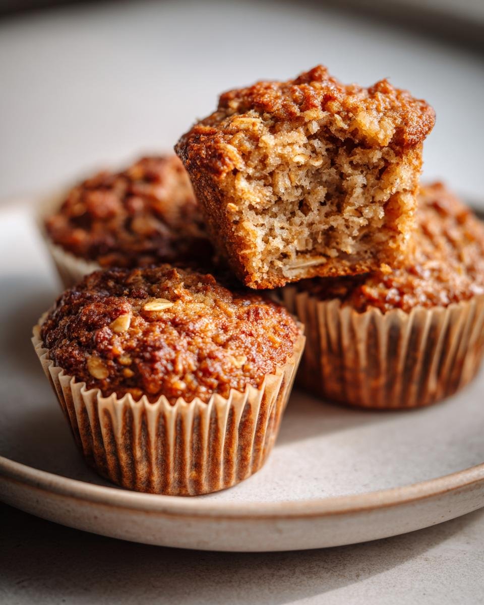 Close-up of Gesunde Bananen-Hafer-Muffins, one with a bite taken, stacked on a plate.