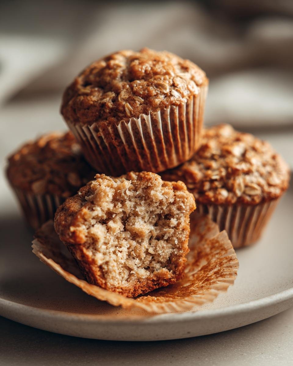 Stapel von Gesunde Bananen-Hafer-Muffins, einer ist halbiert und zeigt die Textur.