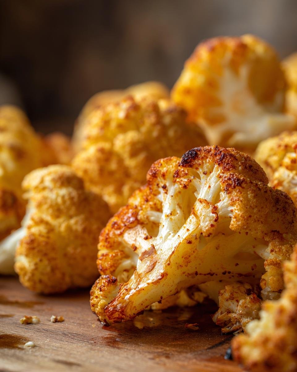 Nahaufnahme von geröstetem Gewürzblumenkohl. Spiced cauliflower on a wooden board, ready to eat.