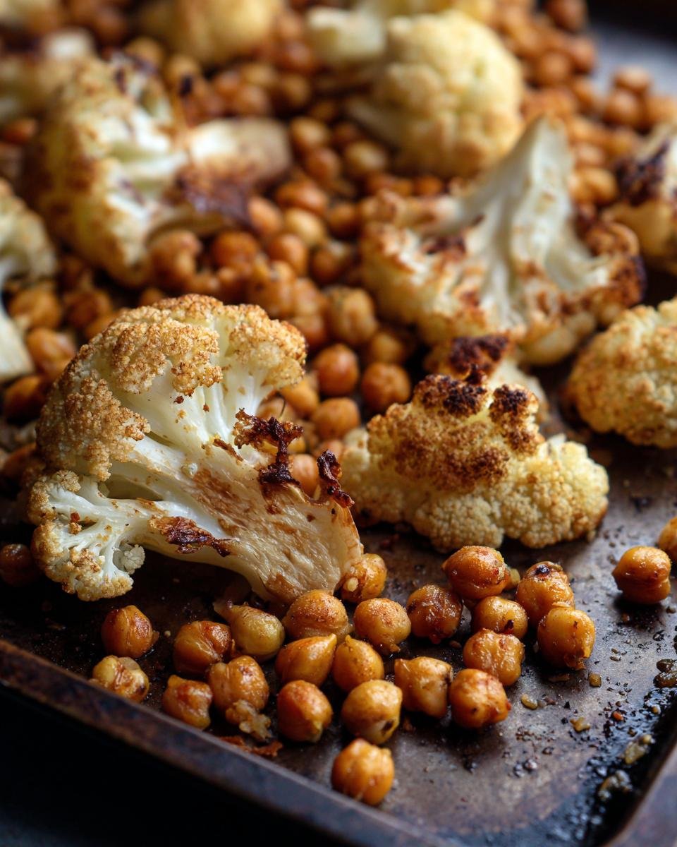Gerösteter Gewürzblumenkohl mit Kichererbsen auf einem Backblech, nahaufnahme.