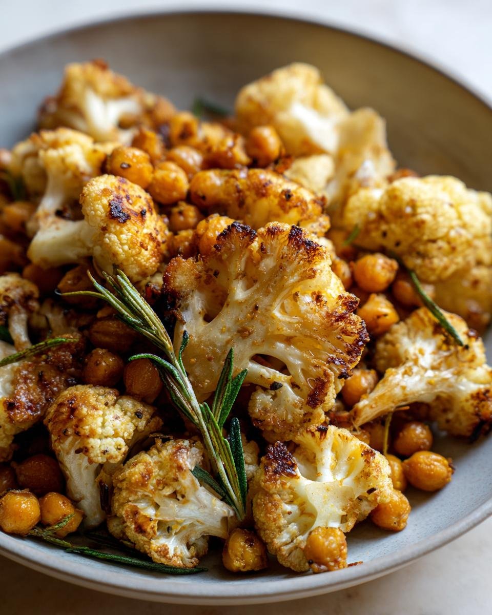 Close-up of Gewürzblumenkohl mit Kichererbsen, showing roasted cauliflower, chickpeas, and rosemary garnish.
