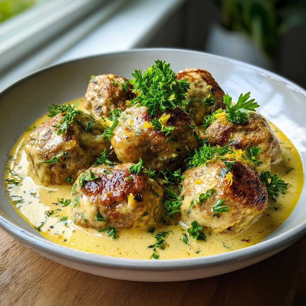 Griechische Fleischbällchen in Zitronensauce, garnished with fresh parsley and lemon zest.