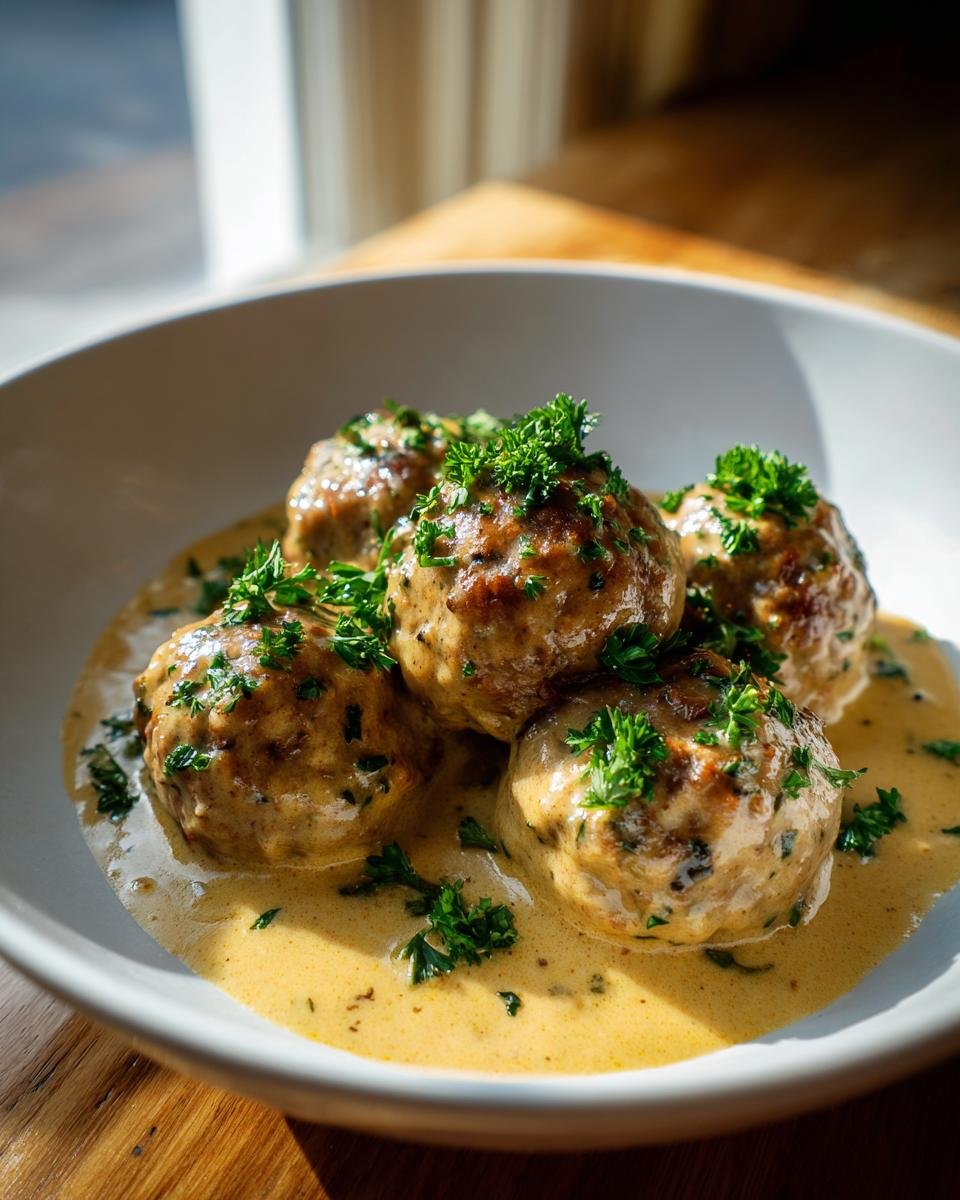 Close-up of Griechische Fleischbällchen in Zitronensauce, garnished with fresh parsley in a white bowl.