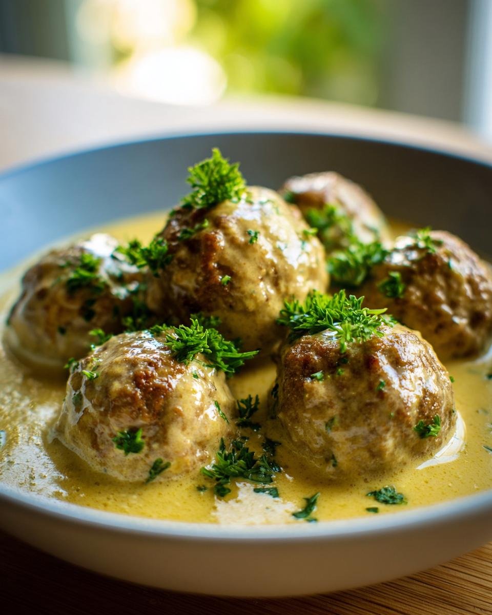 Close-up of Griechische Fleischbällchen in Zitronensauce, garnished with fresh parsley.